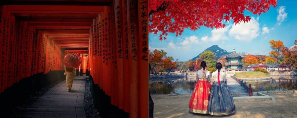Japonaise avec son ombrelle marchant sous des toriis et deux coréennes en hanbok admirant un palais à Séoul